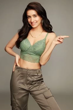 Padded Non-Wired Full Cup Longline Bralette In Forest Green - Lace