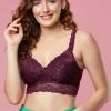 Padded Non-Wired Full Cup Longline Bralette In Dark Purple - Lace