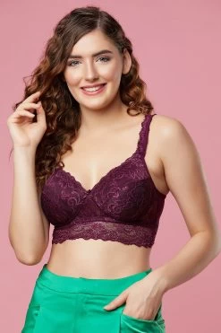 Padded Non-Wired Full Cup Longline Bralette In Dark Purple - Lace