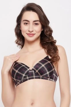 Padded Non-Wired Full Cup Checkered Multiway T-shirt Bra In Black