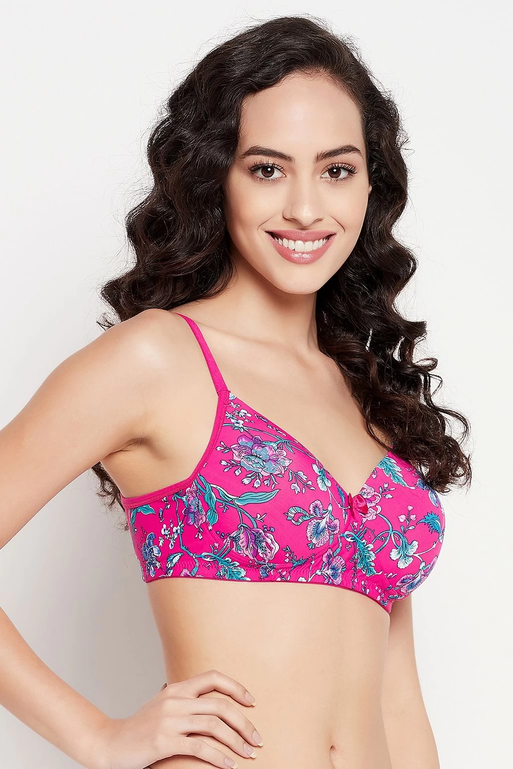 Padded Non-Wired Full Cup Floral Print T-shirt Bra In Hot Pink - Image 4