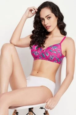 Padded Non-Wired Full Cup Floral Print T-shirt Bra In Hot Pink