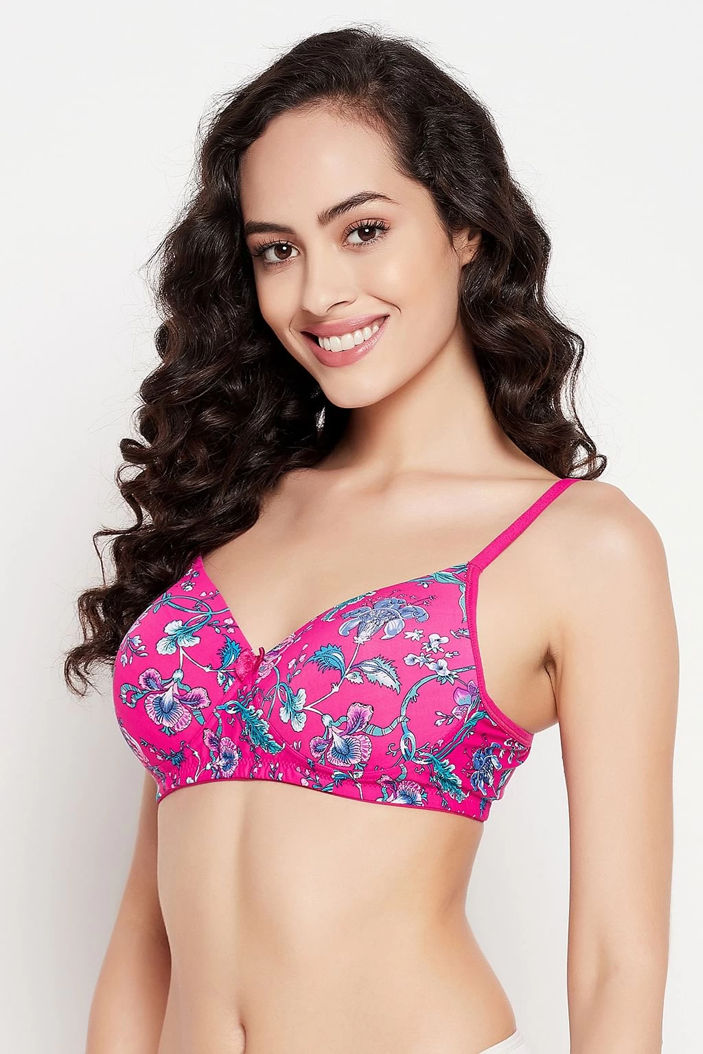 Padded Non-Wired Full Cup Floral Print T-shirt Bra In Hot Pink - Image 3