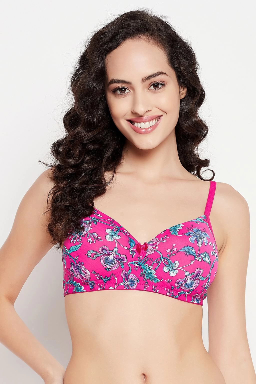 Padded Non-Wired Full Cup Floral Print T-shirt Bra In Hot Pink - Image 2
