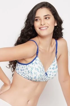 Padded Non-Wired Full Cup Floral Print T-shirt Bra In White