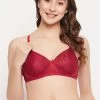 Padded Non-Wired Full Cup Floral Self-Patterned Multiway Bra In Maroon - Lace