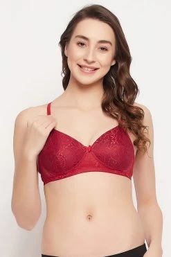 Padded Non-Wired Full Cup Floral Self-Patterned Multiway Bra In Maroon - Lace