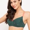 Padded Non-Wired Full Cup Fruit Print Multiway T-shirt Bra In Emerald Green - Cotton