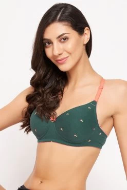 Padded Non-Wired Full Cup Fruit Print Multiway T-shirt Bra In Emerald Green - Cotton