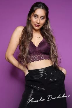 Padded Non-Wired Full Cup Halter Neck Longline Bralette In Plum Colour - Lace