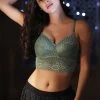 Padded Non-Wired Full Cup Longline Bralette In Jade Green - Lace
