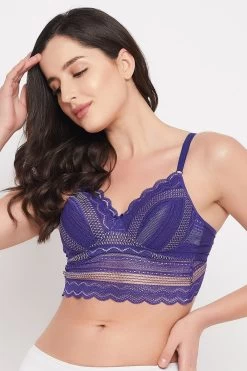 Padded Non-Wired Full Cup Longline Bralette In Royal Blue - Lace