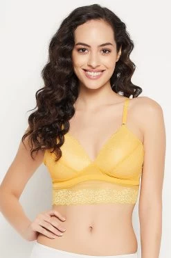 Padded Non-Wired Full-Cup Longline Bralette In Yellow - Lace