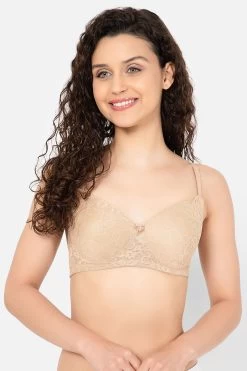 Padded Non-Wired Full Cup Multiway Bra In Cream Colour - Lace