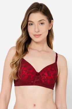 Padded Non-Wired Full Cup Multiway Bra In Maroon - Lace