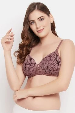 Padded Non-Wired Full Cup Multiway Bra In Mauve - Lace