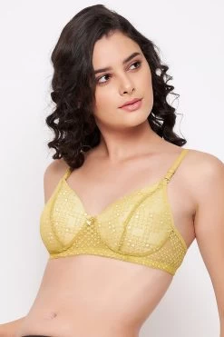 Padded Non-Wired Full Cup Multiway Bra In Mustard Colour - Lace