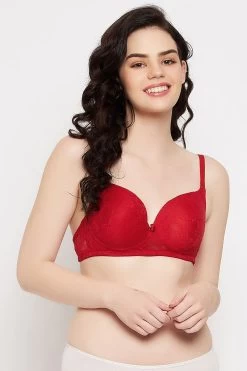 Padded Non-Wired Full Cup Multiway Bra In Red - Lace