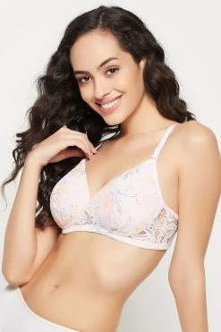 Padded Non-Wired Full Cup Floral Print Multiway Bridal Bra In Baby Pink - Lace