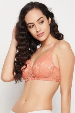 Padded Non-Wired Full Cup Multiway T-shirt Bra In Coral Colour - Lace