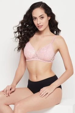 Padded Non-Wired Full Cup Multiway Bra In Dusty Pink - Lace