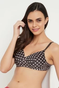Padded Non-Wired Full Cup Polka Dot Print T-shirt Bra In Dark Brown