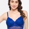 Padded Non-Wired Full Cup Self-Patterned Longline Bralette In Royal Blue - Lace