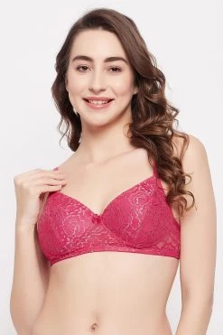 Padded Non-Wired Full Cup Self-Patterned Multiway Bra In Hot Pink - Lace