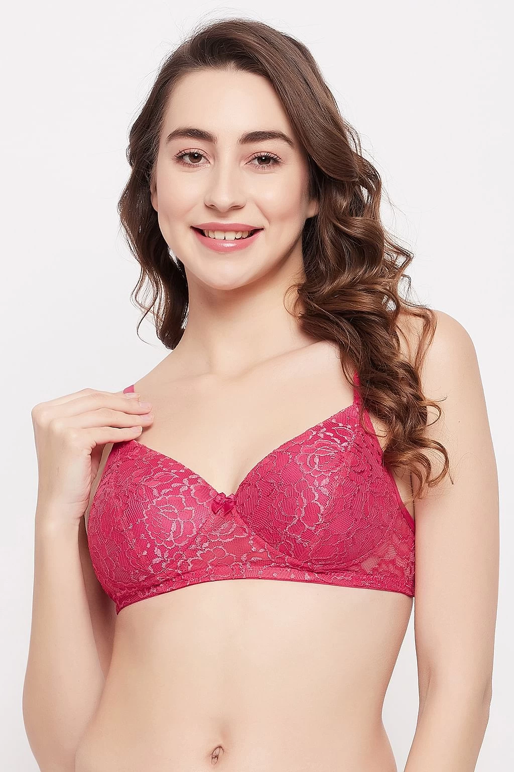 Padded Non-Wired Full Cup Self-Patterned Multiway Bra In Hot Pink - Lace
