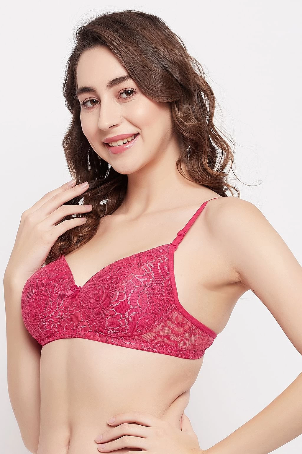 Padded Non-Wired Full Cup Self-Patterned Multiway Bra In Hot Pink - Lace - Image 2