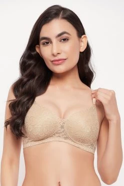 Padded Non-Wired Full Cup Self-Patterned Multiway Bra In Nude Colour - Lace