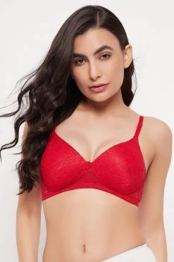 Padded Non-Wired Full Cup Self-Patterned Multiway Bra In Red - Lace