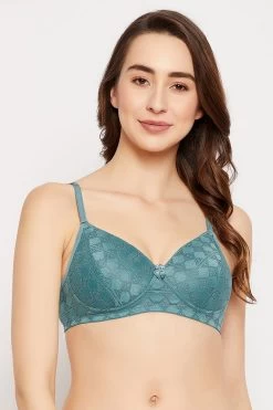Padded Non-Wired Full Cup Self-Patterned Multiway Bra In Turquoise Blue - Lace