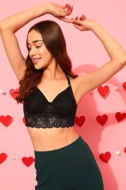 Padded Non-Wired Racerback Longline Bralette In Black - Lace
