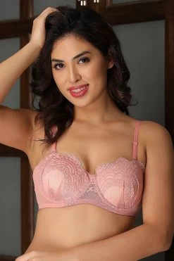 Padded Underwired Multiway Strapless Bra In Light Pink With Balconette Style - Lace With Matching