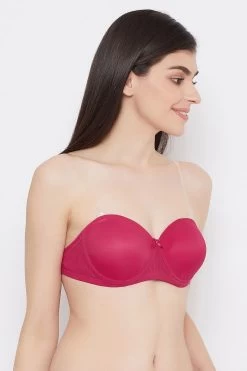 Invisi Padded Underwired Full Cup Strapless Balconette Bra In Magenta With Transparent Straps And Band