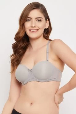 Padded Underwired Full Cup Strapless Balconette Bra In Light Grey