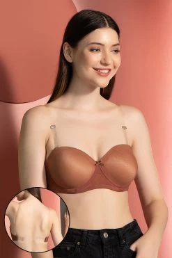 Invisi Padded Underwired Full Cup Strapless Balconette Bra In Beige With Transparent Straps & Band
