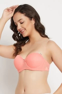Padded Underwired Demi Cup Strapless T-shirt Bra With Transparent Straps & Band In Peach Colour