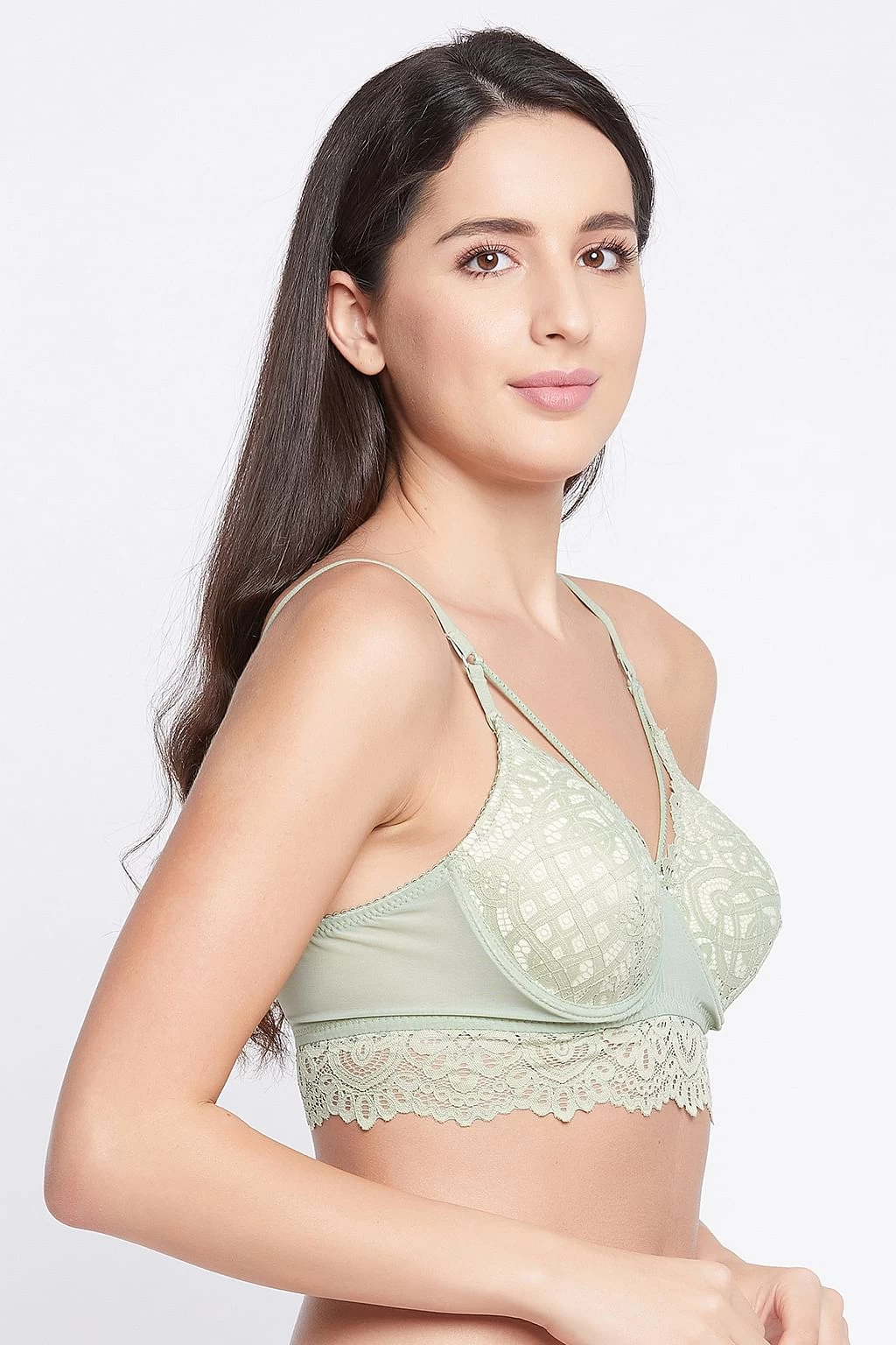 Padded Underwired Full Cup Cage Bralette In Sage Green - Lace - Image 3
