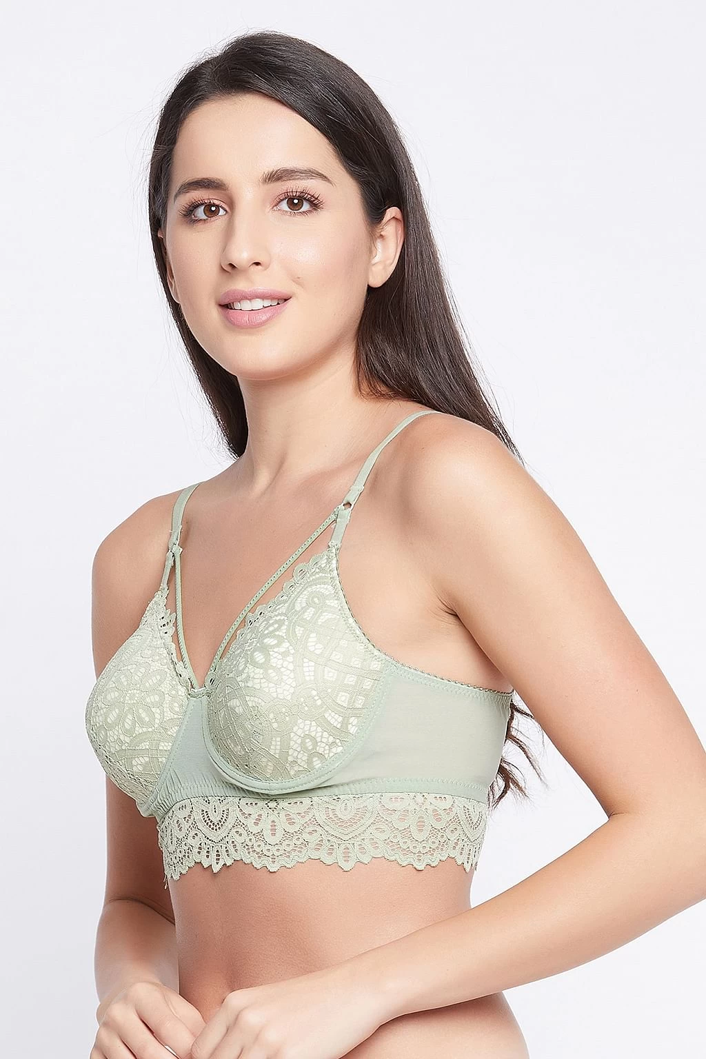 Padded Underwired Full Cup Cage Bralette In Sage Green - Lace - Image 2