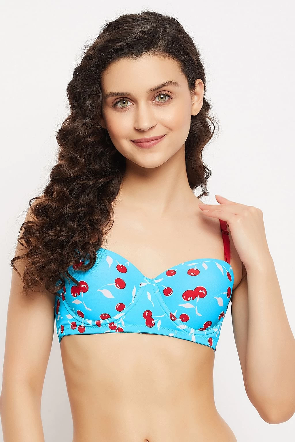 Padded Underwired Full Cup Cherry Print Balconette T-shirt Bra In Sky Blue