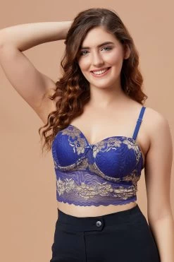Padded Underwired Full Cup Strapless Bralette In Royal Blue With Detachable Straps - Lace