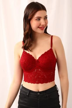 Padded Underwired Full Cup Longline Bralette In Maroon - Lace