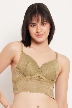 Padded Underwired Full Cup Longline Bralette In Olive Green - Lace