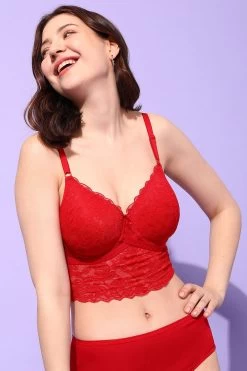 Padded Underwired Full Cup Longline Bralette In Red - Lace