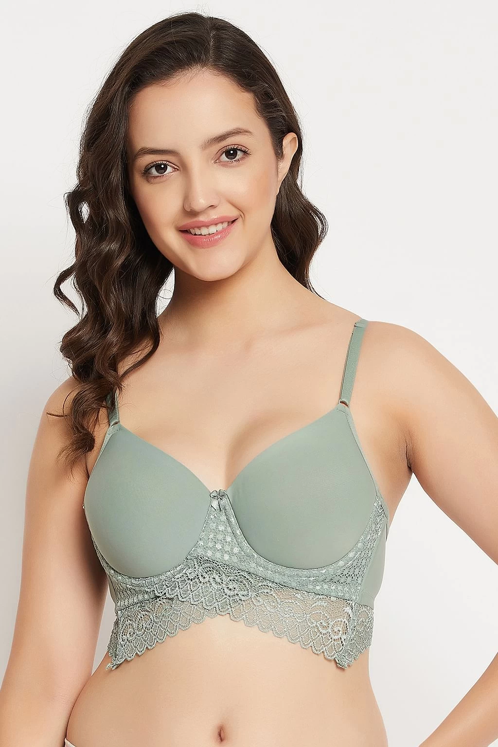Padded Underwired Full Cup Longline Bralette In Sage Green - Lace - Image 2