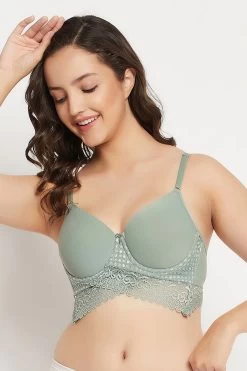 Padded Underwired Full Cup Longline Bralette In Sage Green - Lace