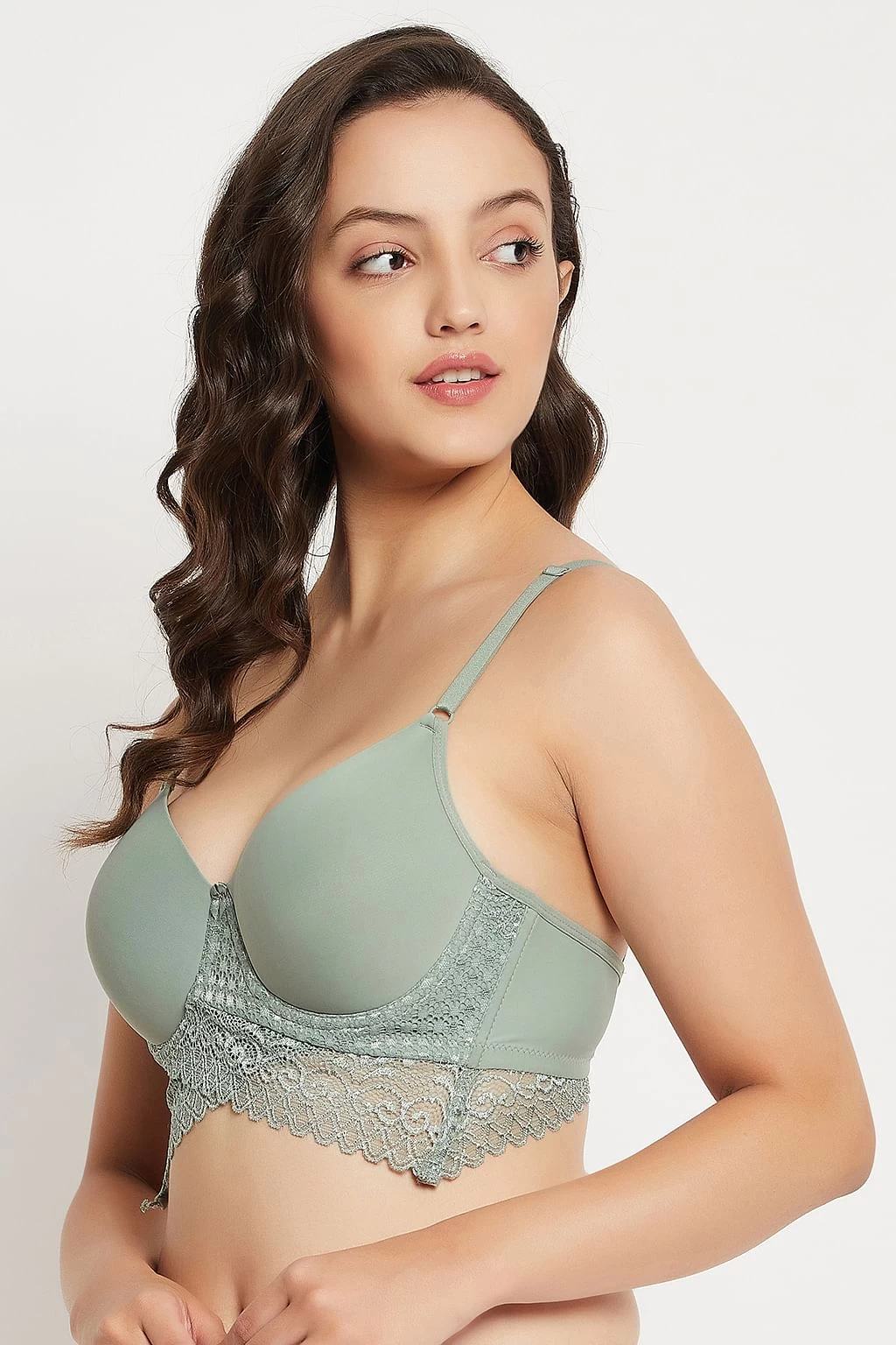 Padded Underwired Full Cup Longline Bralette In Sage Green - Lace - Image 3