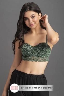Padded Underwired Full Cup Multiway Strapless Bra In Bottle Green With Balconette Style - Lace